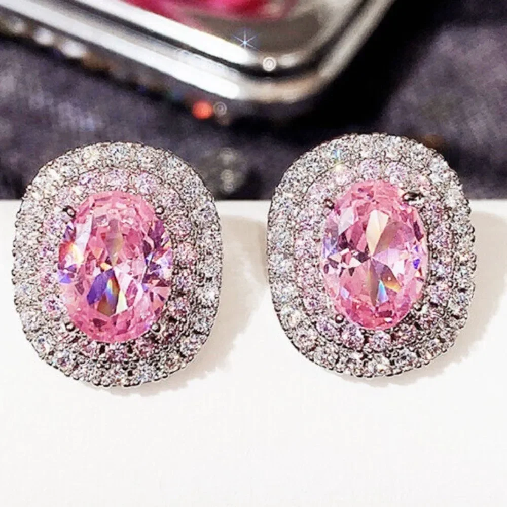 Pink Oval CZ Halo Stud Earrings Silver Tone Glam Statement Earrings